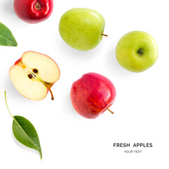 Creative layout made of green and red apples. Flat lay. Food concept. Apples on the white background.