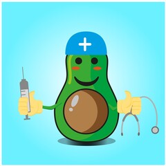 Cute half avocado doctor cartoon face character with sthethoskop and syringe image design