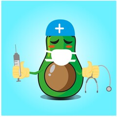 Cute half avocado doctor cartoon face character with sthethoskop and syringe image design