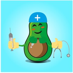 Cute half avocado doctor cartoon face character with sthethoskop and syringe image design
