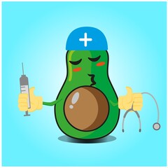 Cute half avocado doctor cartoon face character with sthethoskop and syringe image design