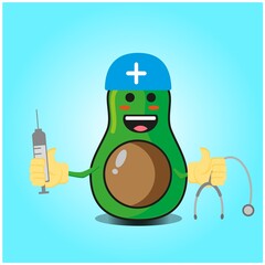 Cute half avocado doctor cartoon face character with sthethoskop and syringe image design