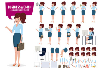 Businesswoman character creation kit vector set. Business woman characters editable create of face, hand and body gestures for office employee staff with isolated body parts. Vector illustration.   
