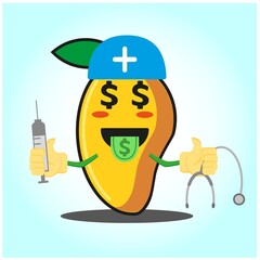 Cute mango doctor cartoon face character with sthethoskop and syringe image design