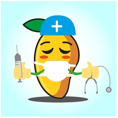 Cute mango doctor cartoon face character with sthethoskop and syringe image design