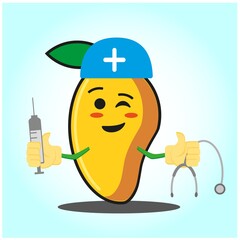 Cute mango doctor cartoon face character with sthethoskop and syringe image design