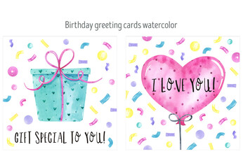 Birthday greeting card watercolor, party, confetti, gift, balloon. Party celebrations accessories. Colorful balloons. Party celebrations accessories. Happy Birthday. Baby party. I love you