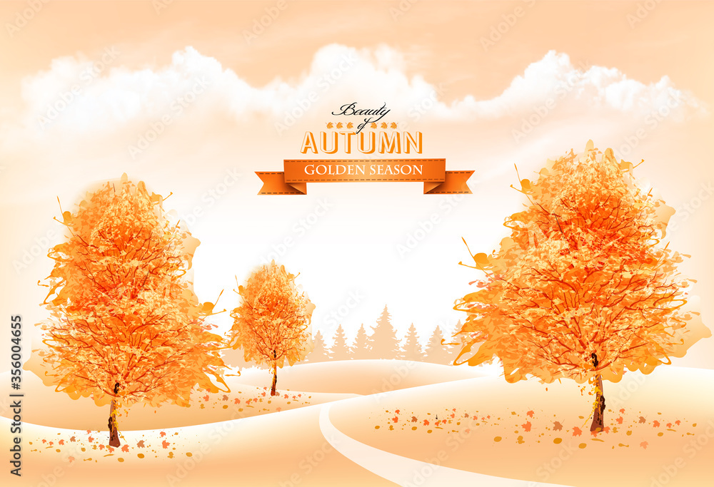 Aufkleber beautiful autumn nature background with a goldl trees and landscape. vector.
