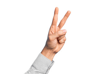 Hand of caucasian young man showing fingers over isolated white background counting number 2 showing two fingers, gesturing victory and winner symbol