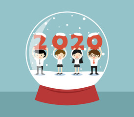 Business concept, Business people holding '2020' letters in a snow globe.