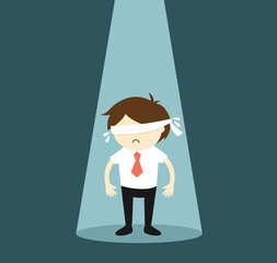 Business concept, Blindfolded businessman feeling nervous in the spotlight.