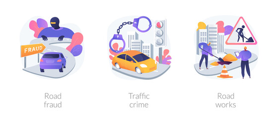 Road safety abstract concept vector illustration set. Traffic crime and fraud, road works, fellow traveller, hitchhiking, criminal traffic, construction and repair, speed limit sign abstract metaphor.
