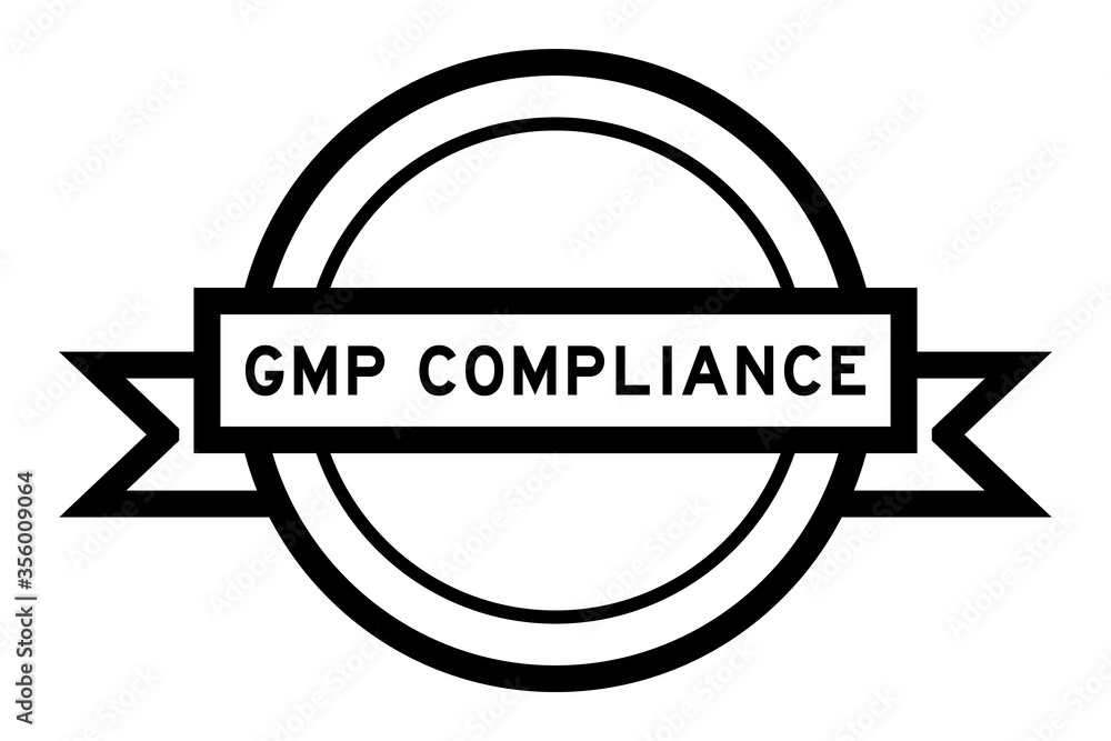 Sticker Round vintage label banner in black color with word GMP (Abbreviation good manufacturing practice) on white background