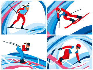 Winter sports. Biathlon, slalom, skiing and snowboarding. Vector graphics