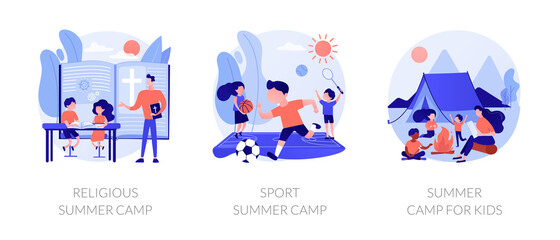 Recreational and educational activities for children metaphors. Religious camp, sport classes, summer camping. Hiking adventure for kids. Vector isolated concept metaphor illustrations.