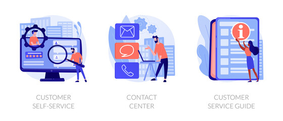 Client support online helpline. Digital product maintenance tutorial. Customer self-service, contact center, customer service guide metaphors. Vector isolated concept metaphor illustrations - obrazy, fototapety, plakaty