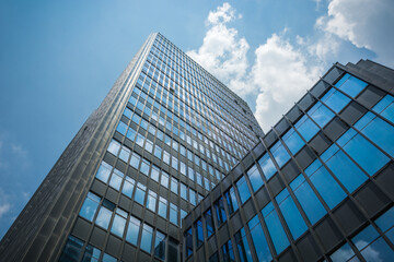 Looking up at the modern commercial buildings in China's Kunshan Economic Zone