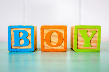 BOY spelled out in colorful toy blocks