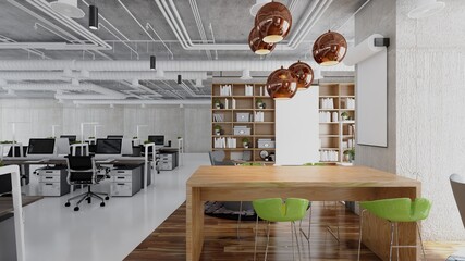 Loft-style office interiors divide the space into proportions. 3d rendering , illustration