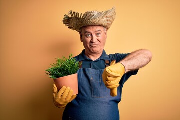 Middle age hoary farmer man wearing apron and hat holding plant pot over yellow background with...