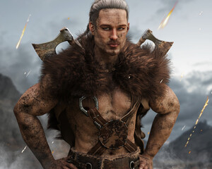 Portrait of a muddy viking Norse warrior from Scandinavia with duel bearded axes posing after a long fought battle defending his homeland with smoke and embers falling in the background. 3d rendering