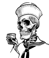 Dead sailor drinking rum. Ink black and white drawing
