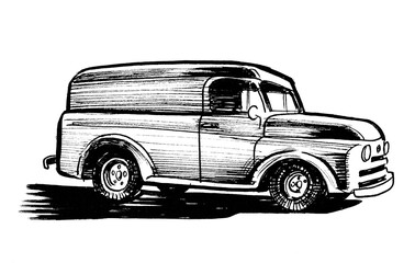 Vintage American automobile. Ink black and white drawing