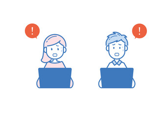 ノートパソコンで仕事中にトラブルが起き、驚く男女のイラスト