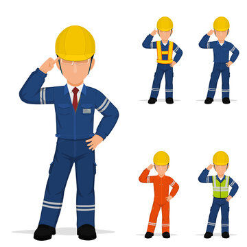 Set of industrial worker is pointing to his head