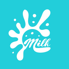 Milk circle badge and dairy labels with splashes and bolts. Milk badge with drop and splash for labels of package.