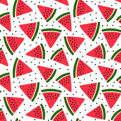 Watermelon seamless pattern. Hand drawn fresh berry slice. Vector sketch background. Red and green print for kitchen tablecloth, curtain or dishcloth. Fashion design