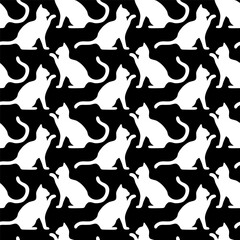 Seamless pattern with cute kittens. Creative childish texture. Vector black and white Illustration.