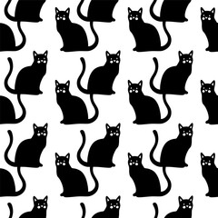 Seamless pattern with cute kittens. Creative childish texture. Vector black and white Illustration.