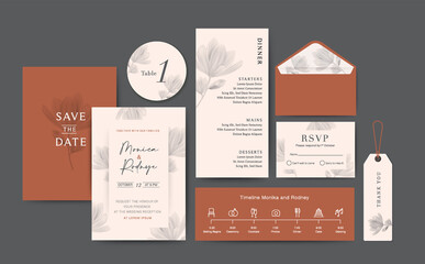 Set of Wedding Card template Background. For Invitation, menu, Thank you, Decoration with leaf & floral flower watercolor style. Timeline with icon thin style. Vector illustration. Brown Color
