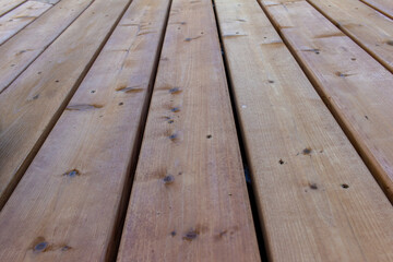 Close up abstract texture background of a newly constructed cedar wood deck floor, with copy space