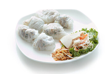 Vietnamese rice cracker with Vietnamese sauce, isolated on white background. With clipping path..