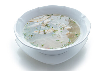 traditional vietnamese noodle soup with pork in a bowl, close up view.vietnamese food for healthy food concept. Vietnamese food in Thailand isolated on white background. With clipping path.