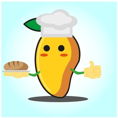 Cute mango baker cartoon face character with hat and bread image design
