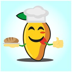 Cute mango baker cartoon face character with hat and bread image design