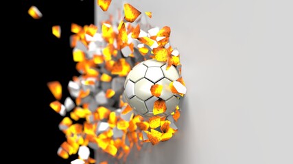 Silver-White Soccer ball breaking with great force through a white wall under black-white background. 3D high quality rendering. 3D illustration.