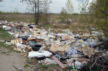 Spring landscape.Ecology of Ukraine. Nature near Ukrainian capital. Environmental contamination. Illegal junk dump. . Kiev,Ukraine