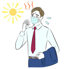 Businessman wearing a face mask with symptoms of heat stroke