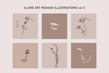One Line drawing of set Woman's Face. Continuous line Portrait of a girl In a Modern Minimalist Style. Vector