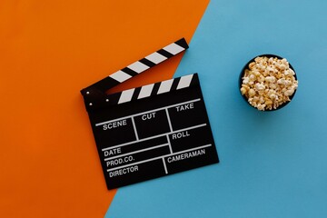 Filmmaking concept. Movie Clapperboard. Cinema begins with movie clappers. Movie clapper on an...