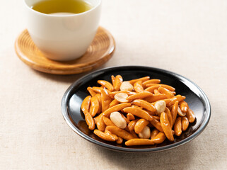 Kameda Crisps on a cloth background