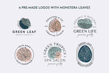 Collection of Monstera leaf logo design template in simple minimal linear style. Vector Exotic tropical emblem © Sini4ka