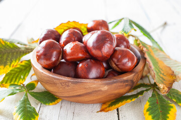 chestnuts in a bowl on a table, selective focus