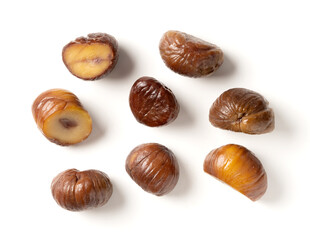 Peeled sweet chestnuts on a white background