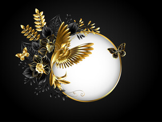 Round banner with golden hummingbird © Nelli Valova