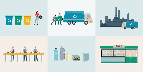 Obraz premium Waste recycling process or garbage processing set, flat vector illustration.